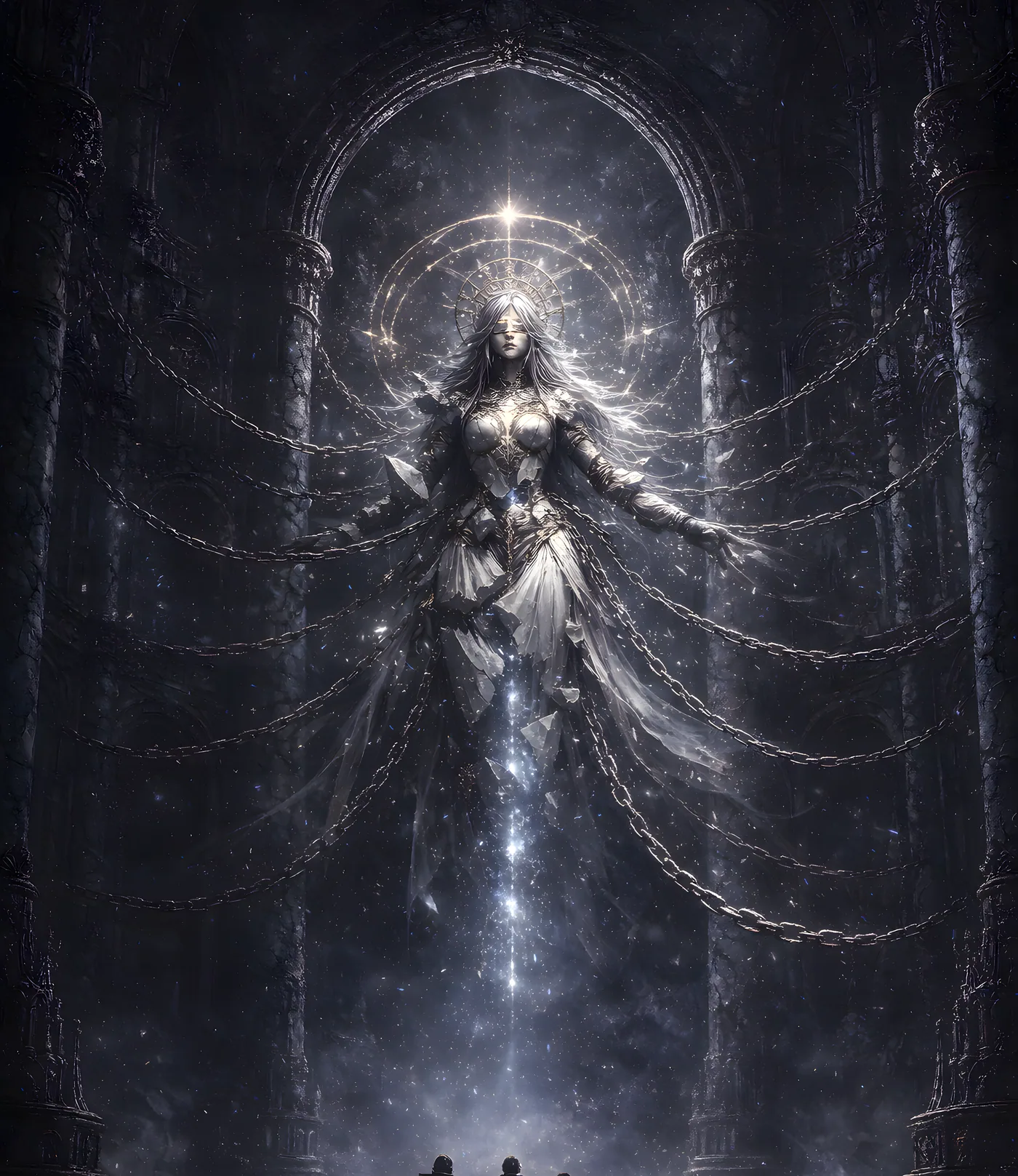 A bound figure floats in the vast, ancient hall of Abythera.