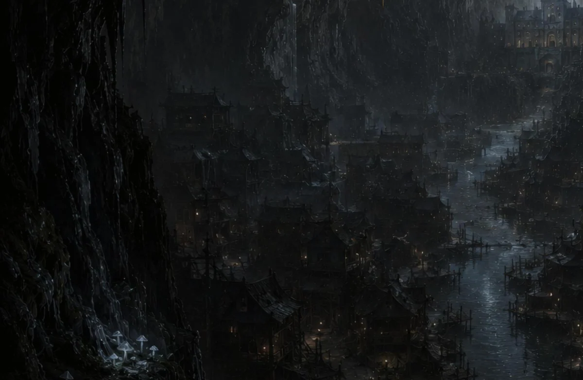 The subterranean canal city of Ephemera stretching toward Orion's fortress inside a vast cavern.
