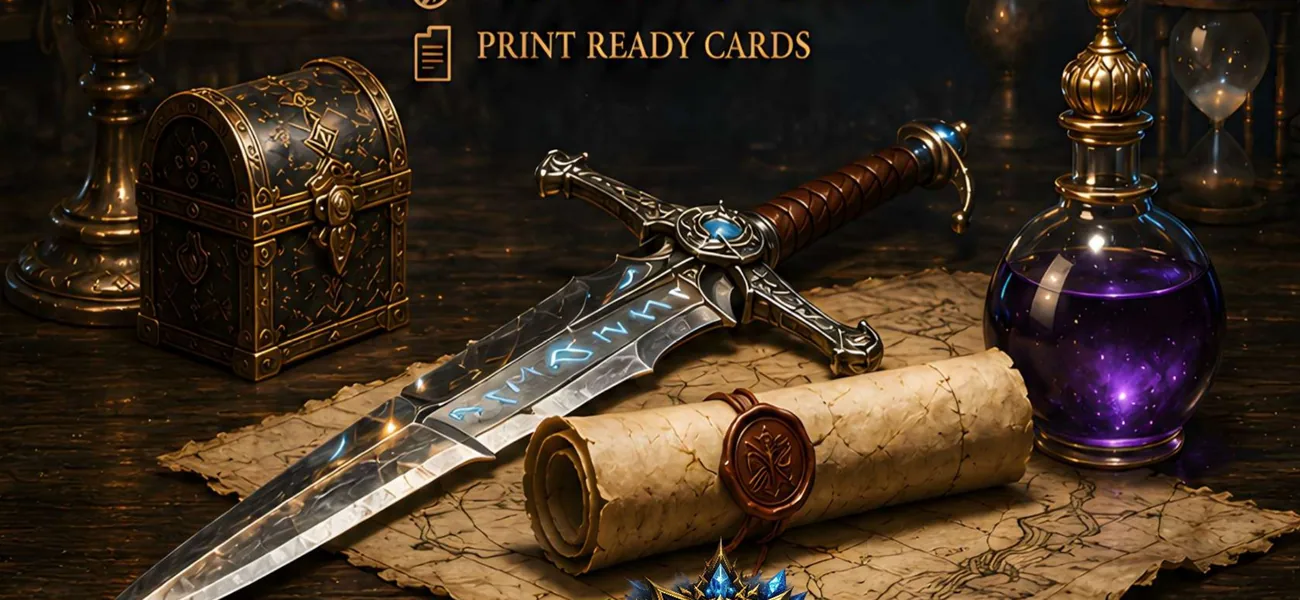An ornate dagger, a small treasure chest, and a purple elixir rest on an old map.