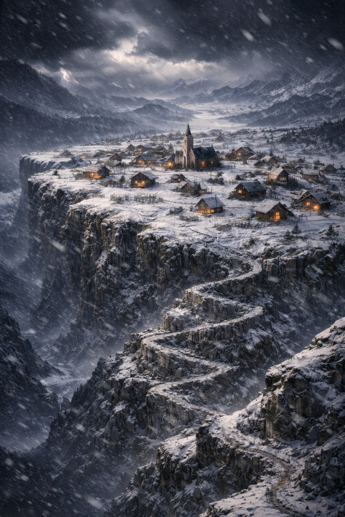 The snowbound cliffside village of Karrhold high in the frozen Drelthar Mountains.