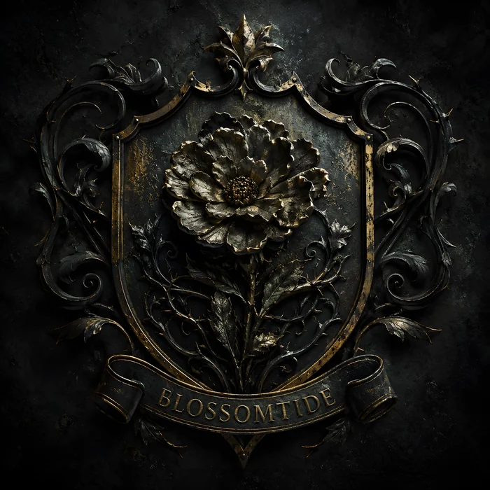 The wrought-iron and tarnished gold crest of House Blossomtide.
