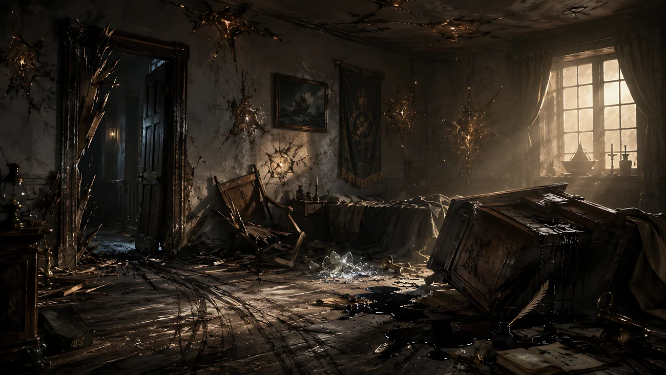 A wrecked inn room with shattered glass, overturned furniture, and dark cracks across the walls.