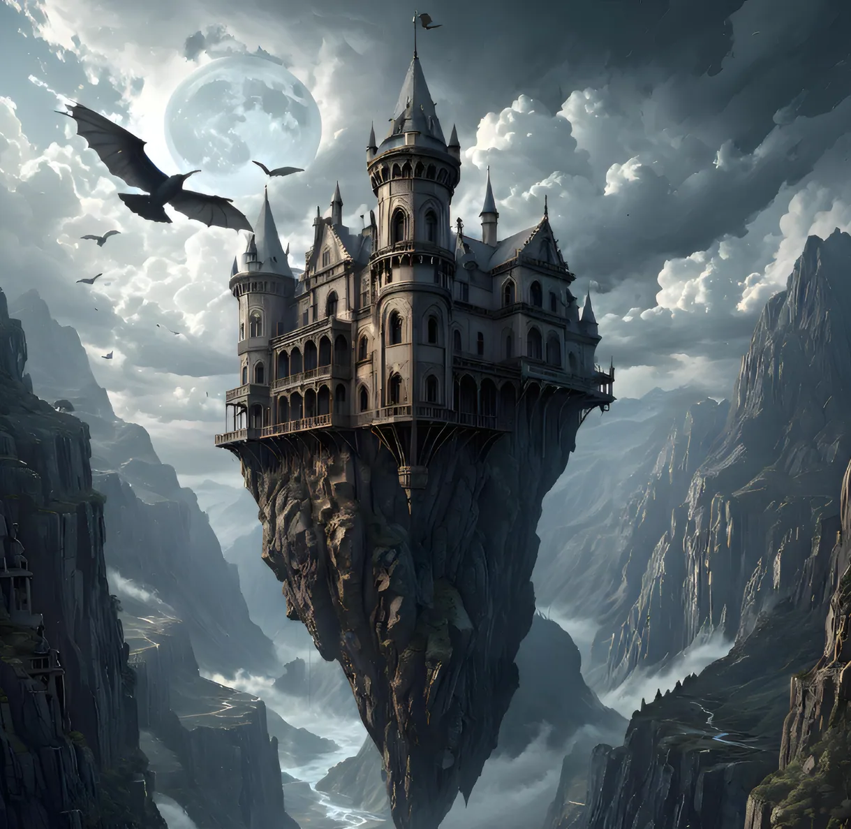 A stone prison castle floats on a rock above a deep, mist-filled ravine.